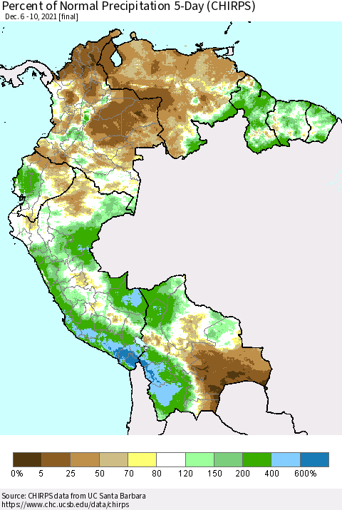 Northern South America Percent of Normal Precipitation 5-Day (CHIRPS) Thematic Map For 12/6/2021 - 12/10/2021