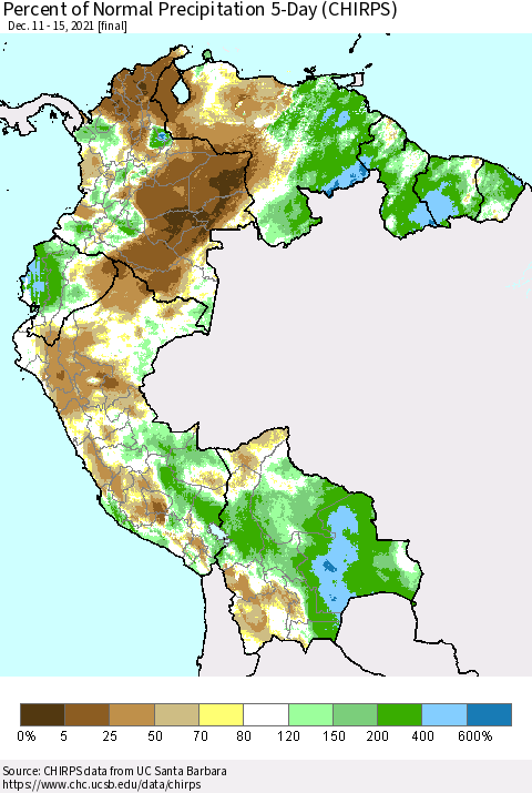 Northern South America Percent of Normal Precipitation 5-Day (CHIRPS) Thematic Map For 12/11/2021 - 12/15/2021
