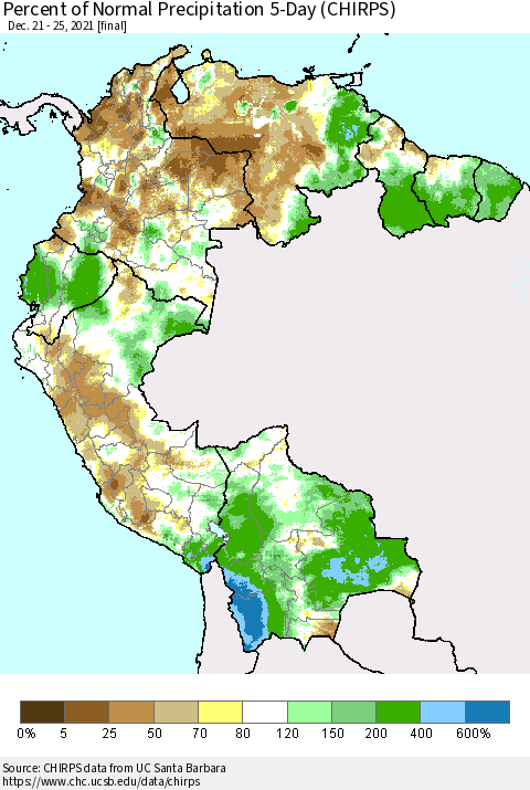 Northern South America Percent of Normal Precipitation 5-Day (CHIRPS) Thematic Map For 12/21/2021 - 12/25/2021