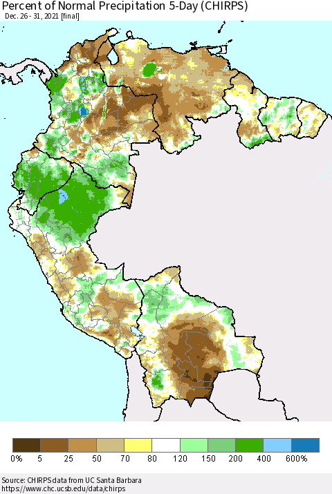 Northern South America Percent of Normal Precipitation 5-Day (CHIRPS) Thematic Map For 12/26/2021 - 12/31/2021