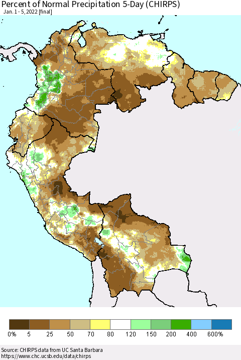 Northern South America Percent of Normal Precipitation 5-Day (CHIRPS) Thematic Map For 1/1/2022 - 1/5/2022