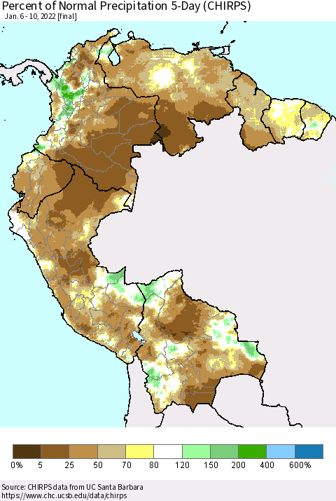 Northern South America Percent of Normal Precipitation 5-Day (CHIRPS) Thematic Map For 1/6/2022 - 1/10/2022