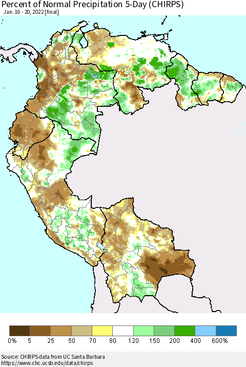 Northern South America Percent of Normal Precipitation 5-Day (CHIRPS) Thematic Map For 1/16/2022 - 1/20/2022