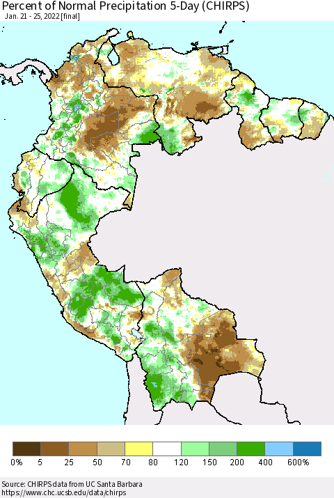 Northern South America Percent of Normal Precipitation 5-Day (CHIRPS) Thematic Map For 1/21/2022 - 1/25/2022