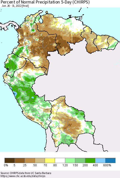 Northern South America Percent of Normal Precipitation 5-Day (CHIRPS) Thematic Map For 1/26/2022 - 1/31/2022