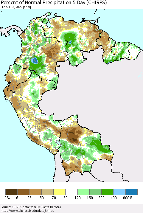 Northern South America Percent of Normal Precipitation 5-Day (CHIRPS) Thematic Map For 2/1/2022 - 2/5/2022