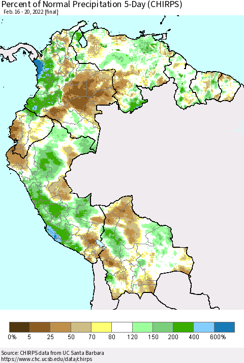 Northern South America Percent of Normal Precipitation 5-Day (CHIRPS) Thematic Map For 2/16/2022 - 2/20/2022