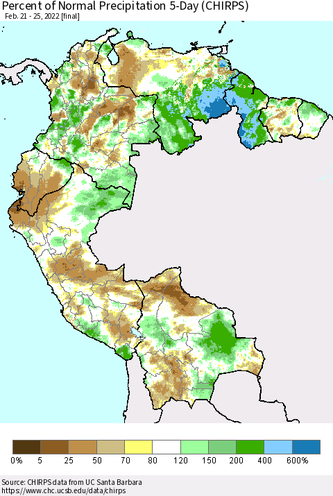 Northern South America Percent of Normal Precipitation 5-Day (CHIRPS) Thematic Map For 2/21/2022 - 2/25/2022
