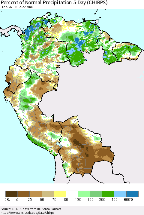 Northern South America Percent of Normal Precipitation 5-Day (CHIRPS) Thematic Map For 2/26/2022 - 2/28/2022