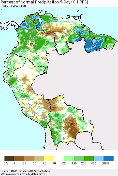 Northern South America Percent of Normal Precipitation 5-Day (CHIRPS) Thematic Map For 3/1/2022 - 3/5/2022