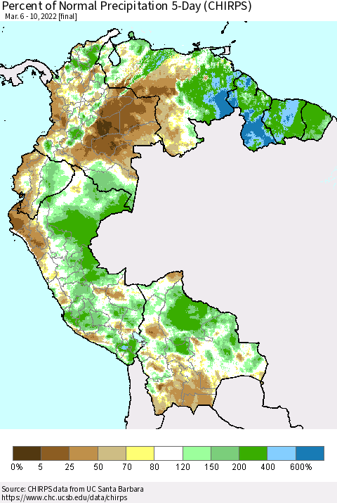 Northern South America Percent of Normal Precipitation 5-Day (CHIRPS) Thematic Map For 3/6/2022 - 3/10/2022
