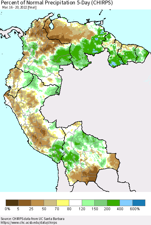 Northern South America Percent of Normal Precipitation 5-Day (CHIRPS) Thematic Map For 3/16/2022 - 3/20/2022