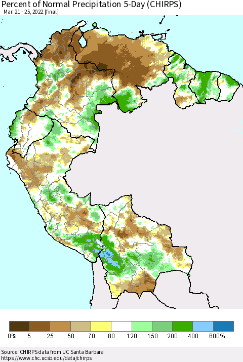 Northern South America Percent of Normal Precipitation 5-Day (CHIRPS) Thematic Map For 3/21/2022 - 3/25/2022