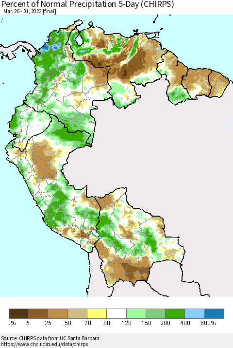 Northern South America Percent of Normal Precipitation 5-Day (CHIRPS) Thematic Map For 3/26/2022 - 3/31/2022