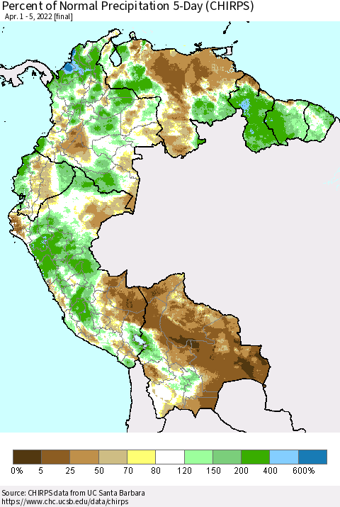 Northern South America Percent of Normal Precipitation 5-Day (CHIRPS) Thematic Map For 4/1/2022 - 4/5/2022