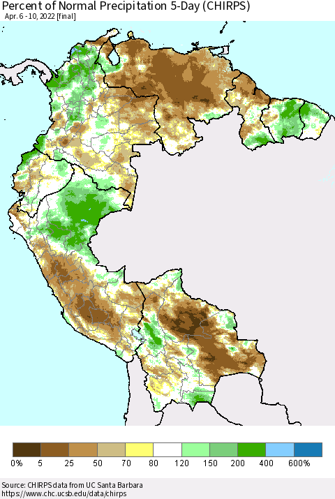 Northern South America Percent of Normal Precipitation 5-Day (CHIRPS) Thematic Map For 4/6/2022 - 4/10/2022