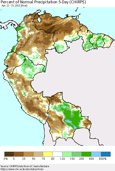 Northern South America Percent of Normal Precipitation 5-Day (CHIRPS) Thematic Map For 4/11/2022 - 4/15/2022