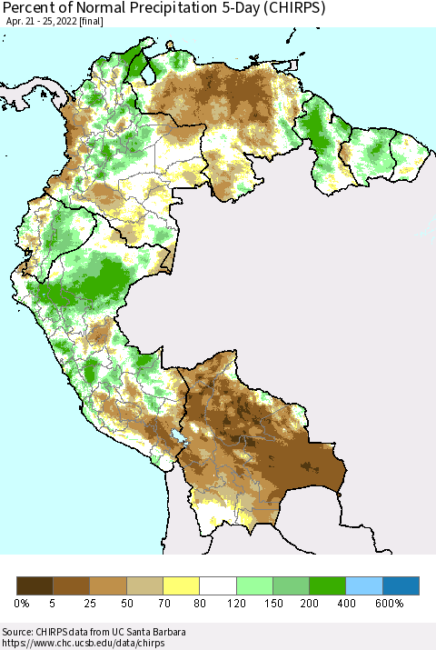Northern South America Percent of Normal Precipitation 5-Day (CHIRPS) Thematic Map For 4/21/2022 - 4/25/2022