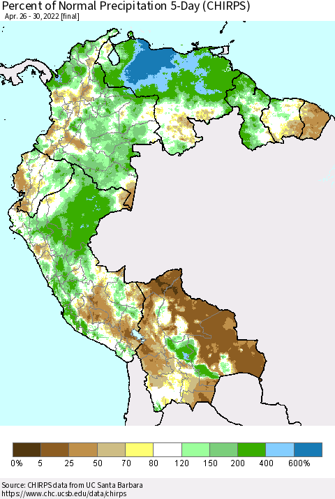 Northern South America Percent of Normal Precipitation 5-Day (CHIRPS) Thematic Map For 4/26/2022 - 4/30/2022