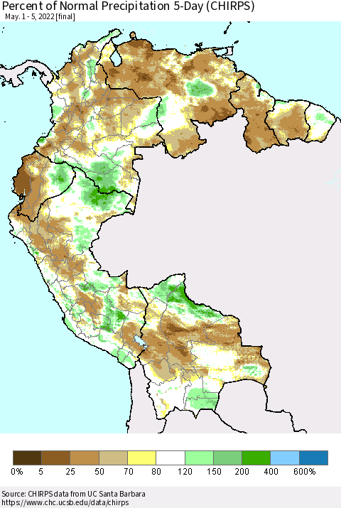 Northern South America Percent of Normal Precipitation 5-Day (CHIRPS) Thematic Map For 5/1/2022 - 5/5/2022