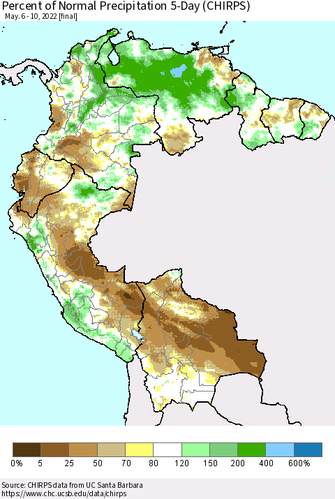 Northern South America Percent of Normal Precipitation 5-Day (CHIRPS) Thematic Map For 5/6/2022 - 5/10/2022