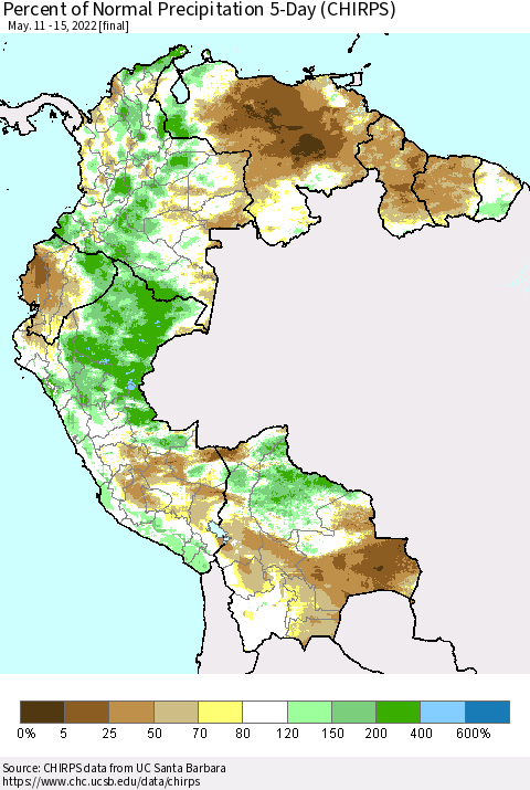 Northern South America Percent of Normal Precipitation 5-Day (CHIRPS) Thematic Map For 5/11/2022 - 5/15/2022