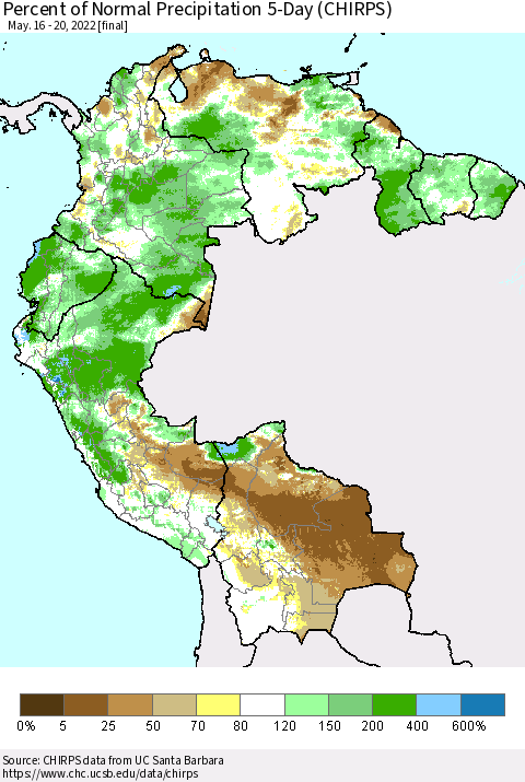 Northern South America Percent of Normal Precipitation 5-Day (CHIRPS) Thematic Map For 5/16/2022 - 5/20/2022