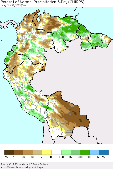 Northern South America Percent of Normal Precipitation 5-Day (CHIRPS) Thematic Map For 5/21/2022 - 5/25/2022