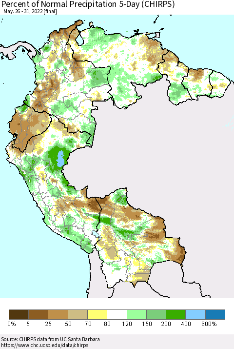 Northern South America Percent of Normal Precipitation 5-Day (CHIRPS) Thematic Map For 5/26/2022 - 5/31/2022