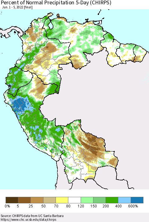 Northern South America Percent of Normal Precipitation 5-Day (CHIRPS) Thematic Map For 6/1/2022 - 6/5/2022