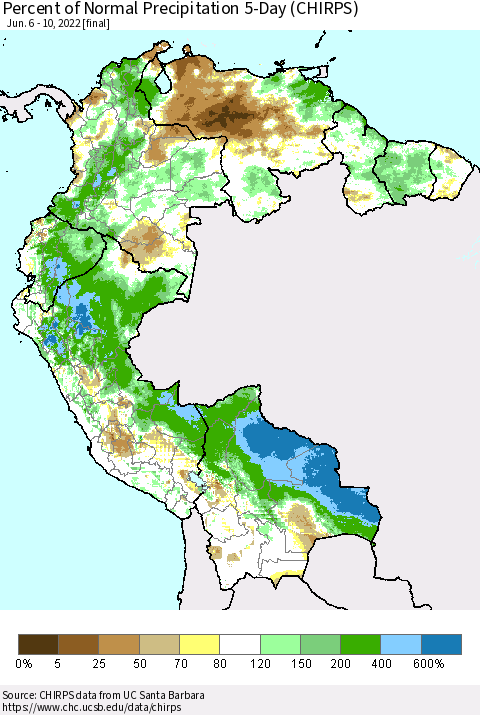 Northern South America Percent of Normal Precipitation 5-Day (CHIRPS) Thematic Map For 6/6/2022 - 6/10/2022