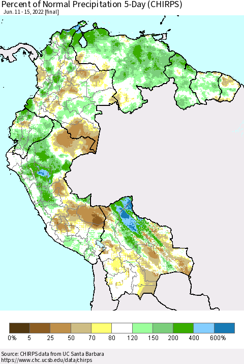 Northern South America Percent of Normal Precipitation 5-Day (CHIRPS) Thematic Map For 6/11/2022 - 6/15/2022