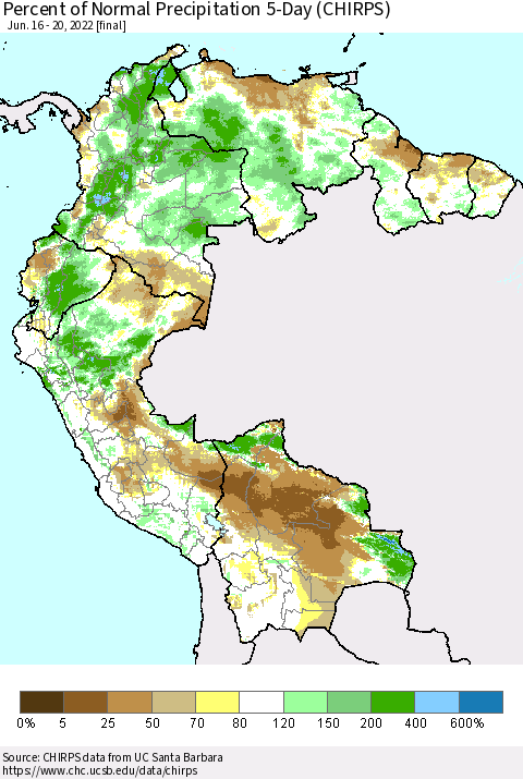 Northern South America Percent of Normal Precipitation 5-Day (CHIRPS) Thematic Map For 6/16/2022 - 6/20/2022