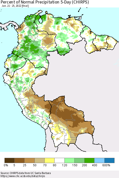 Northern South America Percent of Normal Precipitation 5-Day (CHIRPS) Thematic Map For 6/21/2022 - 6/25/2022