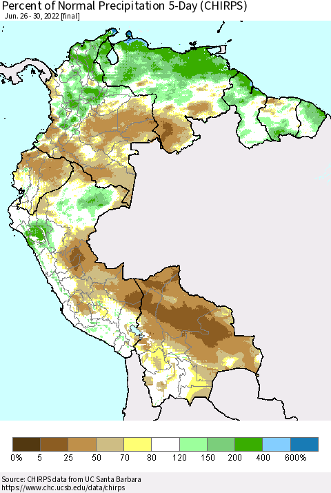 Northern South America Percent of Normal Precipitation 5-Day (CHIRPS) Thematic Map For 6/26/2022 - 6/30/2022