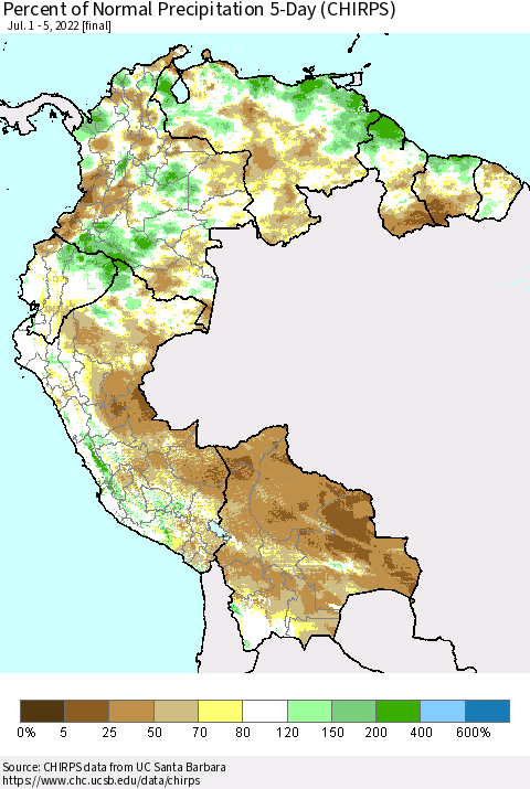 Northern South America Percent of Normal Precipitation 5-Day (CHIRPS) Thematic Map For 7/1/2022 - 7/5/2022