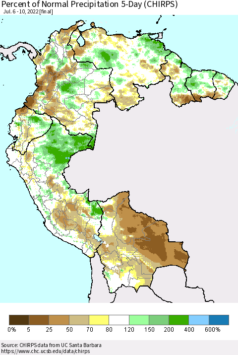 Northern South America Percent of Normal Precipitation 5-Day (CHIRPS) Thematic Map For 7/6/2022 - 7/10/2022
