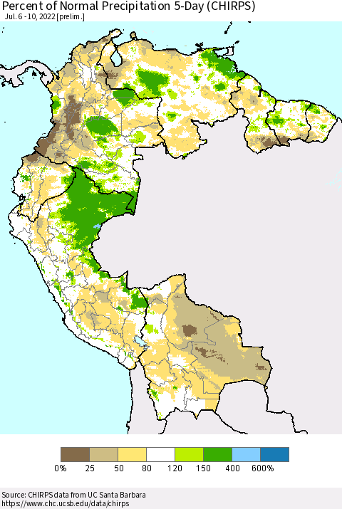 Northern South America Percent of Normal Precipitation 5-Day (CHIRPS) Thematic Map For 7/6/2022 - 7/10/2022