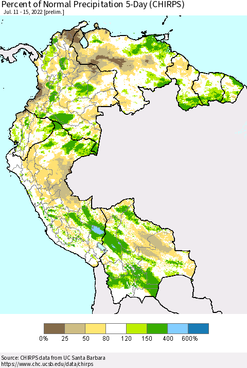 Northern South America Percent of Normal Precipitation 5-Day (CHIRPS) Thematic Map For 7/11/2022 - 7/15/2022