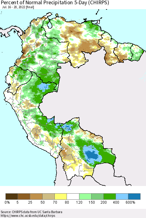 Northern South America Percent of Normal Precipitation 5-Day (CHIRPS) Thematic Map For 7/16/2022 - 7/20/2022