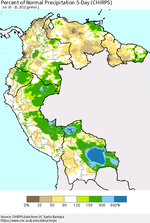 Northern South America Percent of Normal Precipitation 5-Day (CHIRPS) Thematic Map For 7/16/2022 - 7/20/2022
