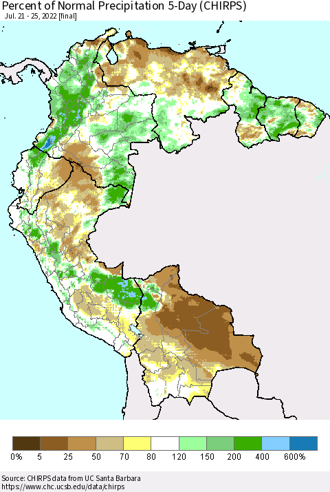 Northern South America Percent of Normal Precipitation 5-Day (CHIRPS) Thematic Map For 7/21/2022 - 7/25/2022