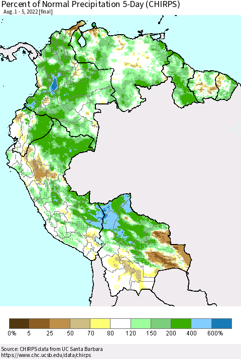 Northern South America Percent of Normal Precipitation 5-Day (CHIRPS) Thematic Map For 8/1/2022 - 8/5/2022