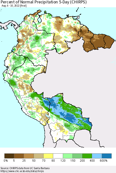 Northern South America Percent of Normal Precipitation 5-Day (CHIRPS) Thematic Map For 8/6/2022 - 8/10/2022