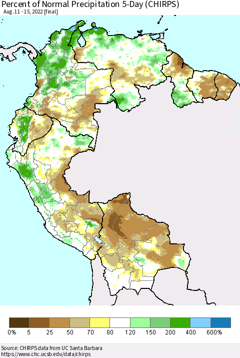 Northern South America Percent of Normal Precipitation 5-Day (CHIRPS) Thematic Map For 8/11/2022 - 8/15/2022