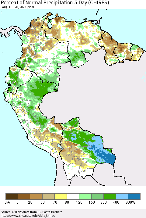 Northern South America Percent of Normal Precipitation 5-Day (CHIRPS) Thematic Map For 8/16/2022 - 8/20/2022