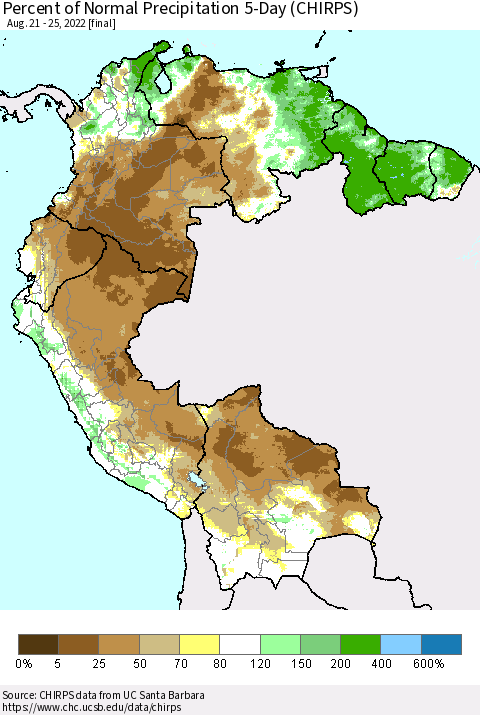 Northern South America Percent of Normal Precipitation 5-Day (CHIRPS) Thematic Map For 8/21/2022 - 8/25/2022