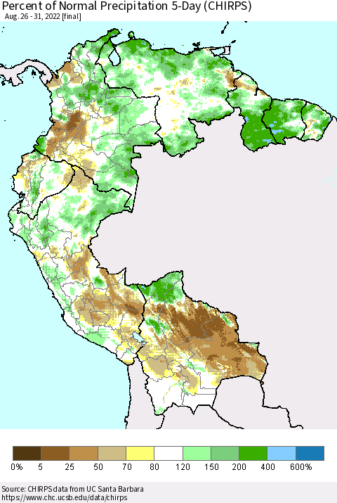Northern South America Percent of Normal Precipitation 5-Day (CHIRPS) Thematic Map For 8/26/2022 - 8/31/2022