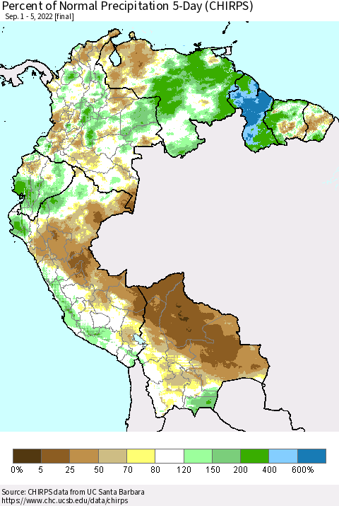 Northern South America Percent of Normal Precipitation 5-Day (CHIRPS) Thematic Map For 9/1/2022 - 9/5/2022