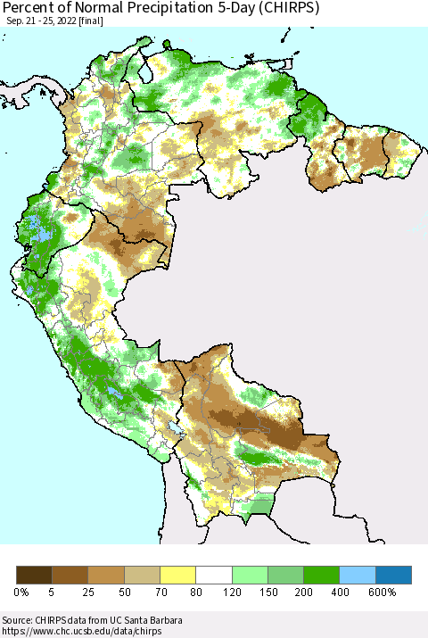 Northern South America Percent of Normal Precipitation 5-Day (CHIRPS) Thematic Map For 9/21/2022 - 9/25/2022
